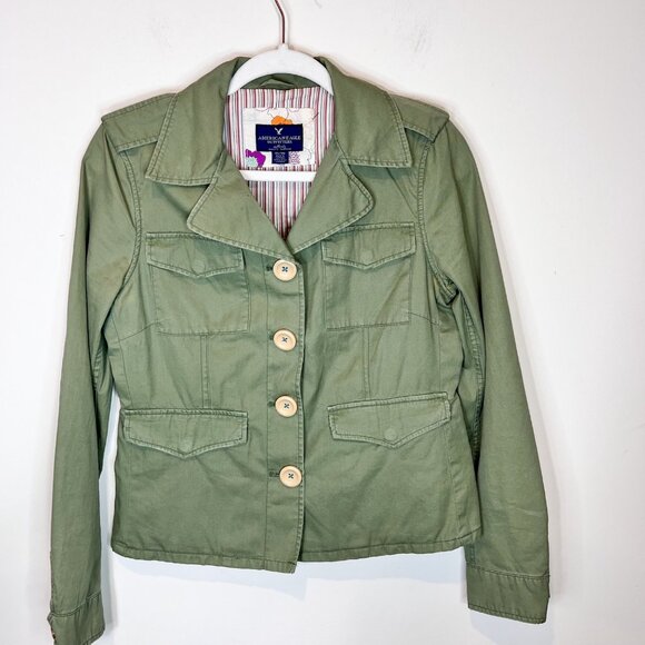 American Eagle Womens Jacket Green Collared Tan Button Down Size Medium - Picture 9 of 12